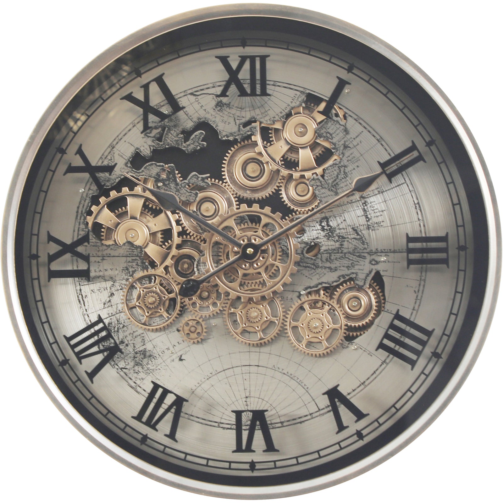 Chilli Decor Marco World Map Industrial Silver Metal Moving Gears Wall Clock 60cm TQ-E44 1