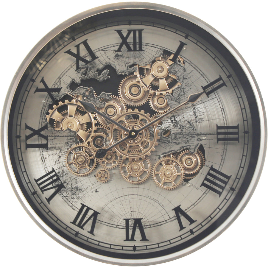 Chilli Decor Marco World Map Industrial Silver Metal Moving Gears Wall Clock 60cm TQ-E44 1