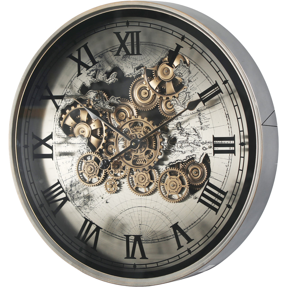 Chilli Decor Marco World Map Industrial Silver Metal Moving Gears Wall Clock 60cm TQ-E44 2