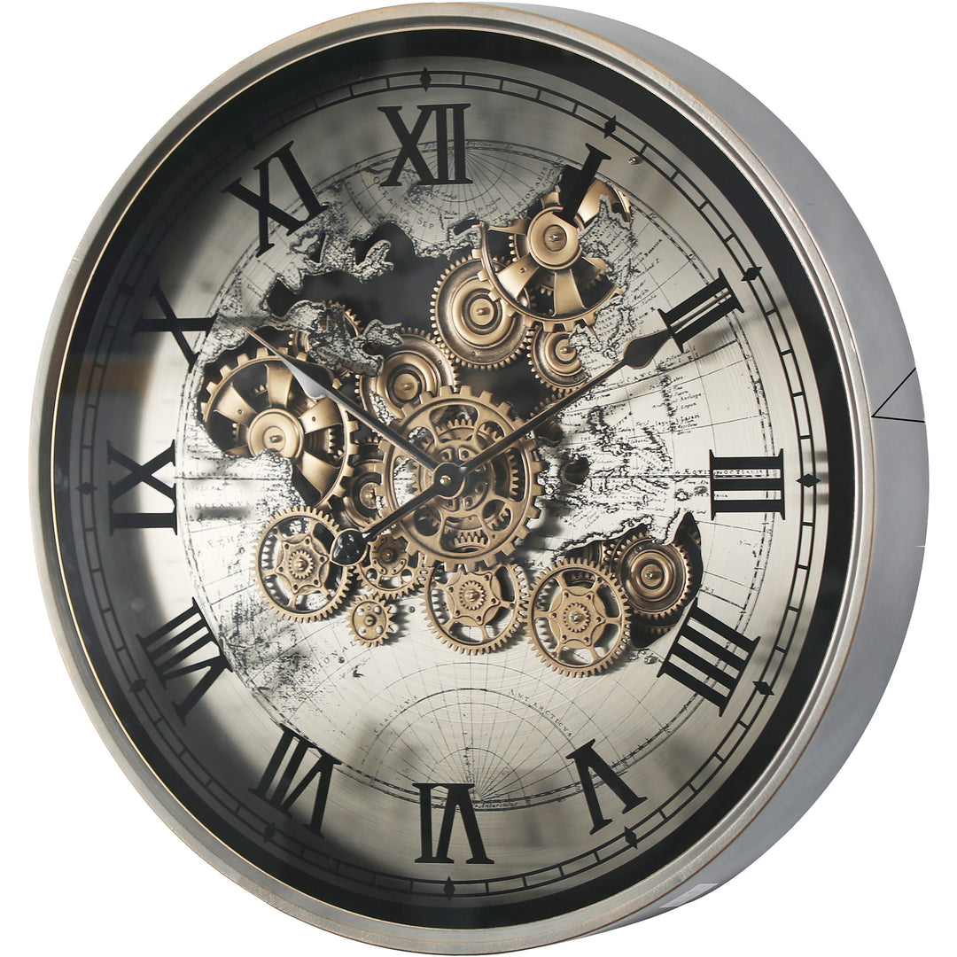 Chilli Decor Marco World Map Industrial Silver Metal Moving Gears Wall Clock 60cm TQ-E44 2