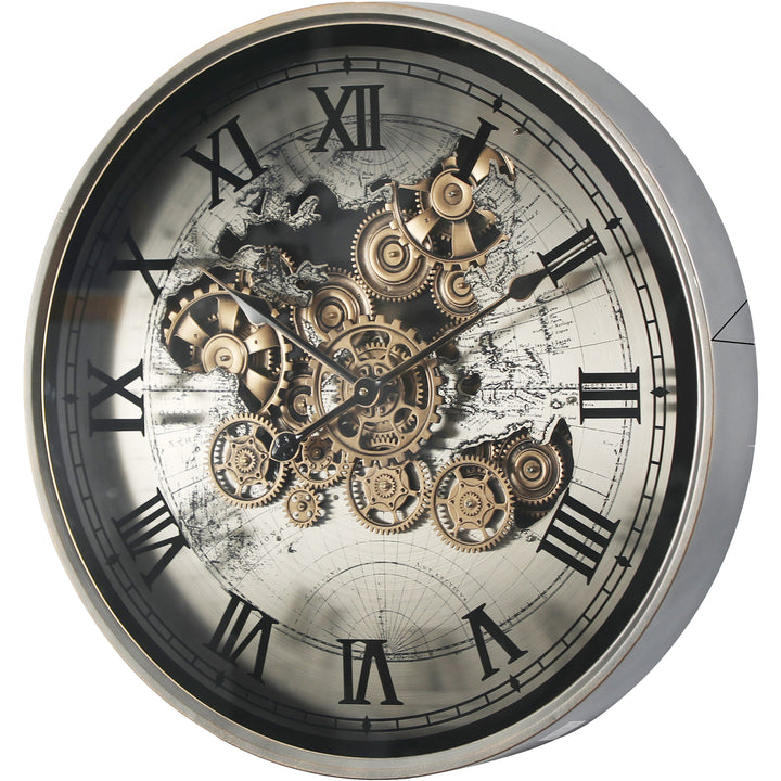 Chilli Decor Marco World Map Industrial Silver Metal Moving Gears Wall Clock 60cm TQ-E44 2