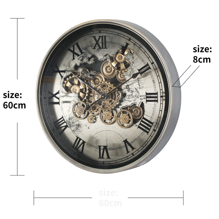 Chilli Decor Marco World Map Industrial Silver Metal Moving Gears Wall Clock 60cm TQ-E44 3