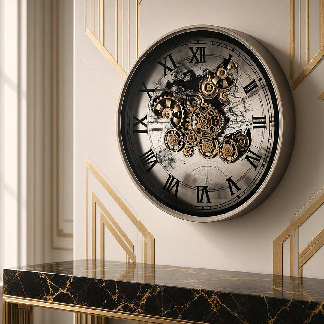 Chilli Decor Marco World Map Industrial Silver Metal Moving Gears Wall Clock 60cm TQ-E44 5