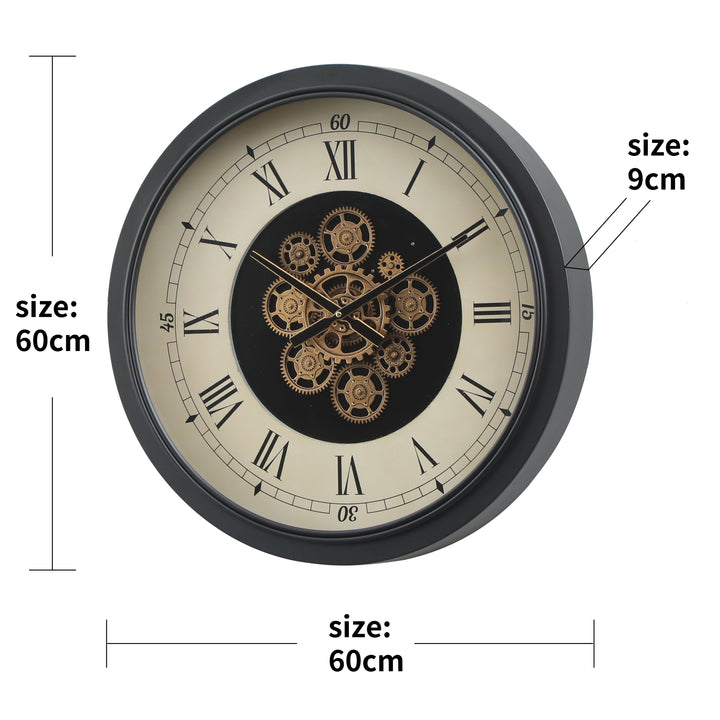Chilli Decor Mont Claire Black Beige Metal Moving Gears Wall Clock 60cm TQ-E35 3