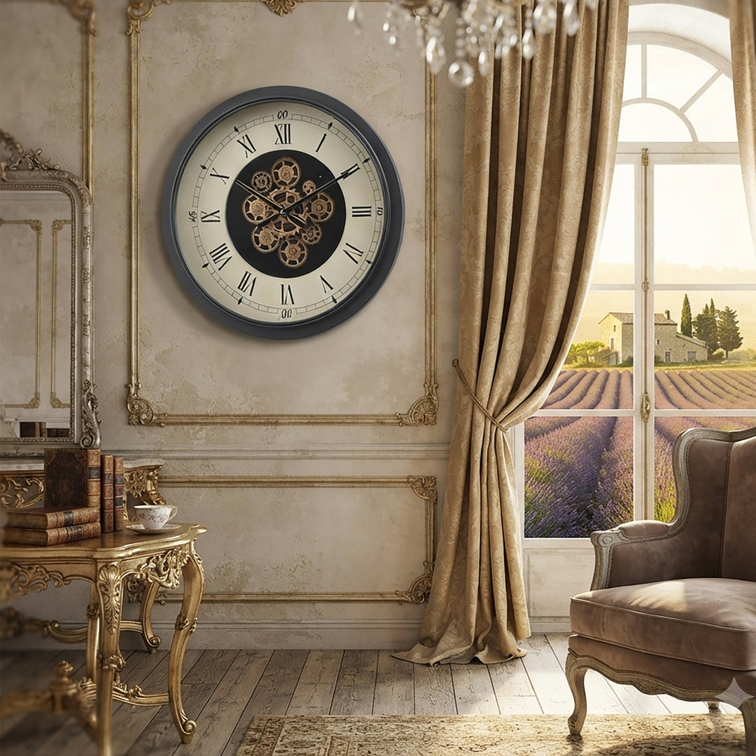 Chilli Decor Mont Claire Black Beige Metal Moving Gears Wall Clock 60cm TQ-E35 5