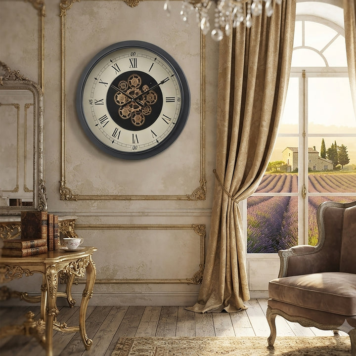 Chilli Decor Mont Claire Black Beige Metal Moving Gears Wall Clock 60cm TQ-E35 5