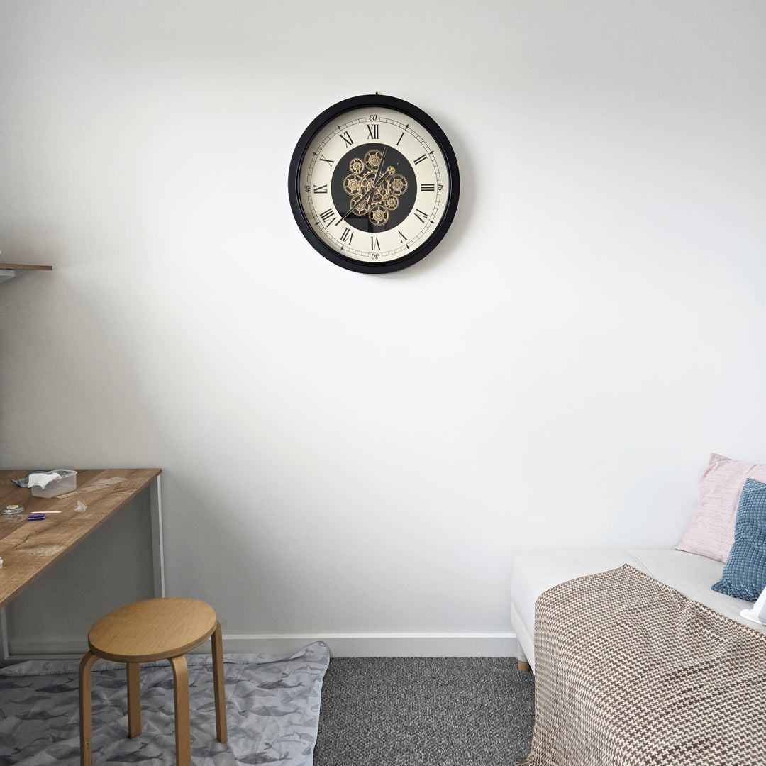 Chilli Decor Mont Claire Black Beige Metal Moving Gears Wall Clock 60cm TQ-E35 6