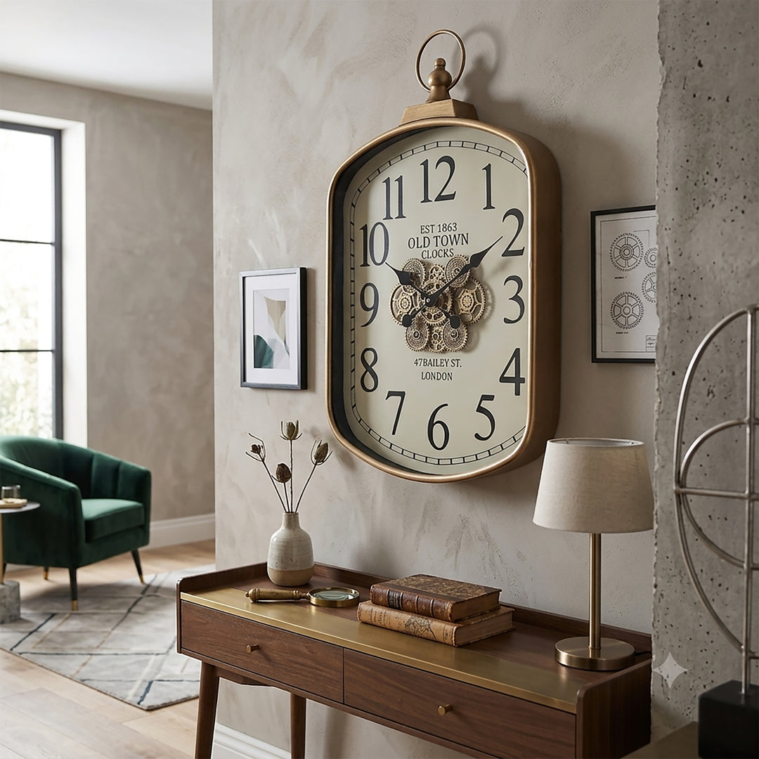 Chilli Decor Old Town London Gold Rectangular FOB Moving Gears Wall Clock 73cm TQ-E204 3