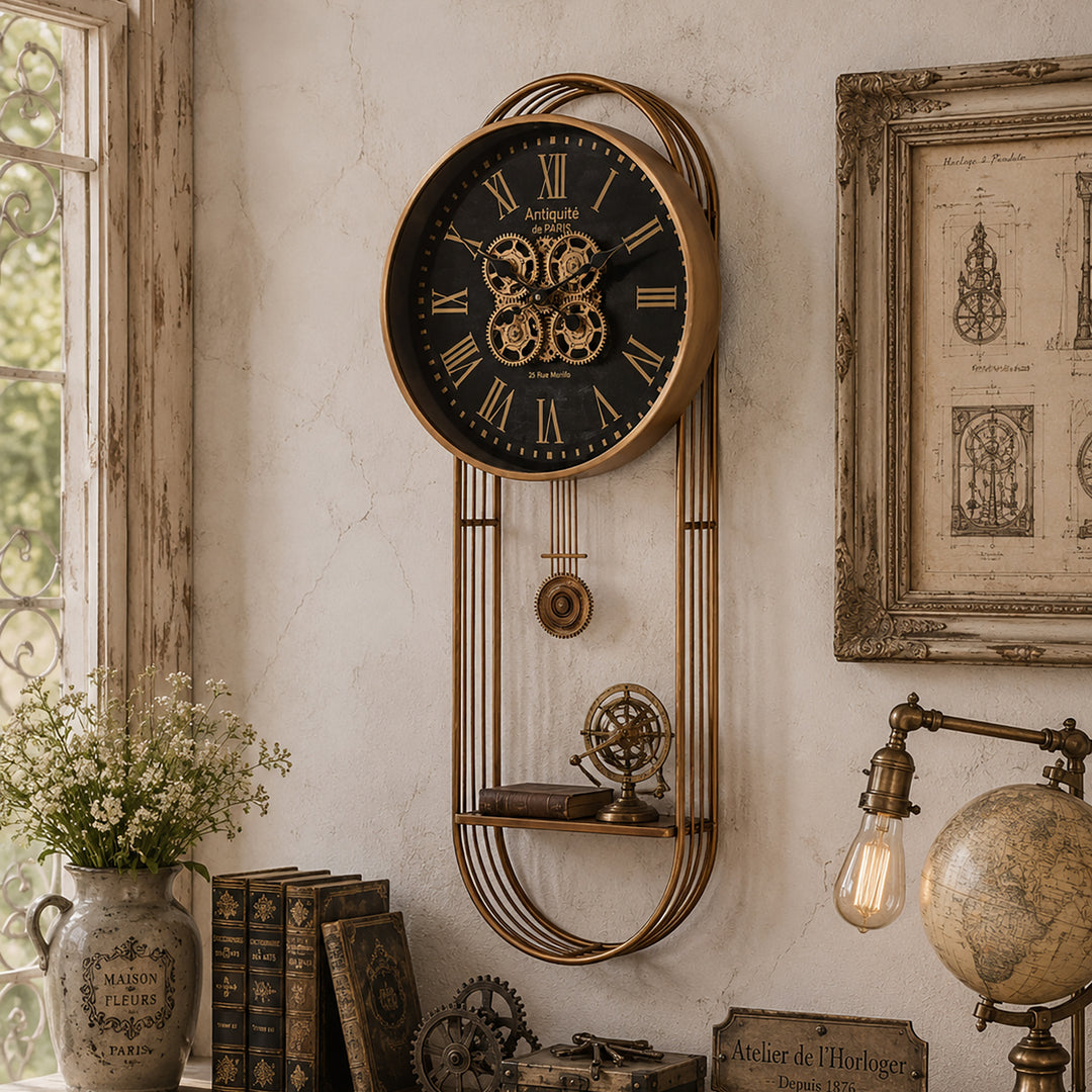 Chilli Decor Paris Antiquite Gold Pendulum Moving Gears with Shelf Wall Clock 102cm TQ-E255 3