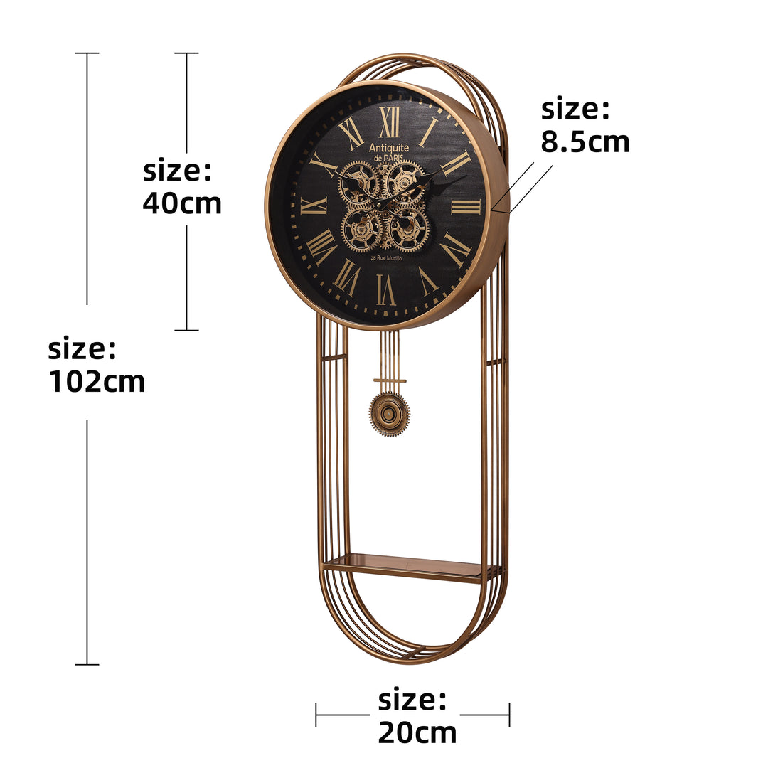 Chilli Decor Paris Antiquite Gold Pendulum Moving Gears with Shelf Wall Clock 102cm TQ-E255 5