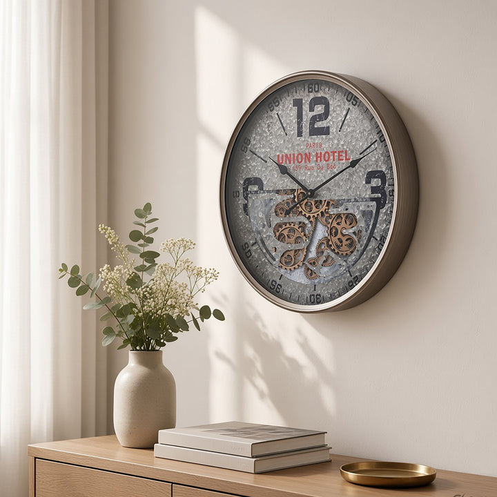 Chilli Decor Paris Union Hotel Silver Metal Moving Gears Wall Clock 60cm TQ-Y663 Lifestyle