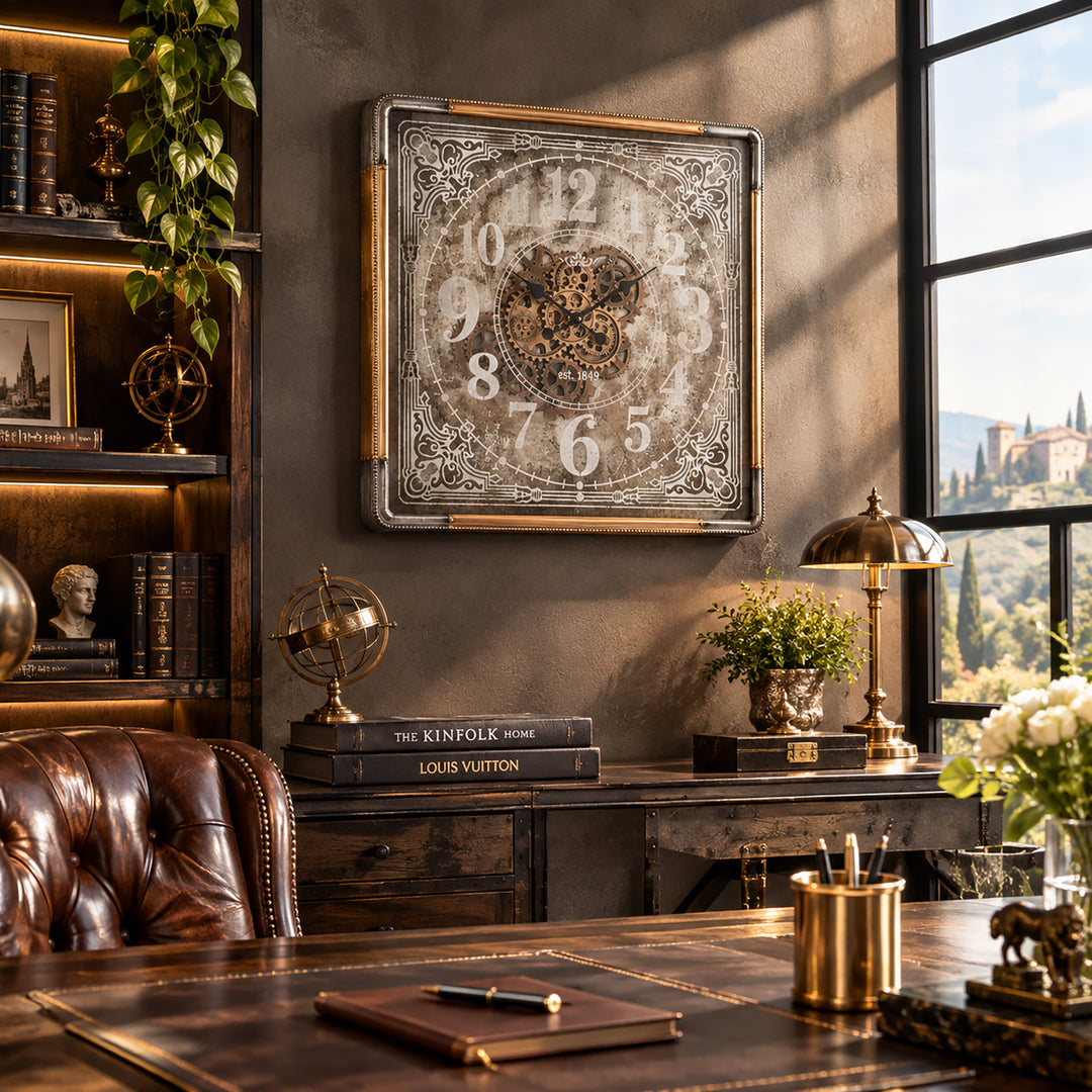 Chilli Decor Rune Square Rustic Gold SIlver Mirrored Moving Gears Wall Clock 80cm TQ-Y659 10