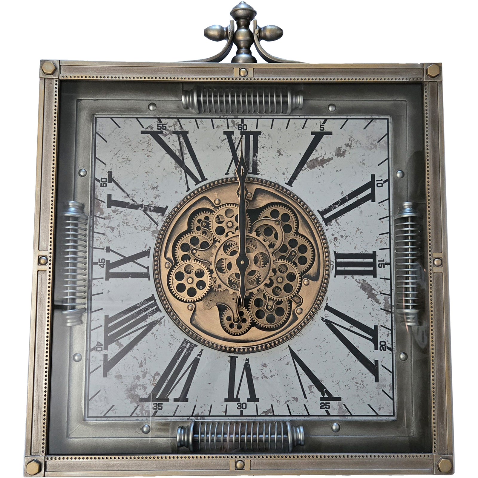 Chilli Decor Saint Etienne Rustic Square Silver Metal Moving Gears Wall Clock 85cm TQ-Y781 1