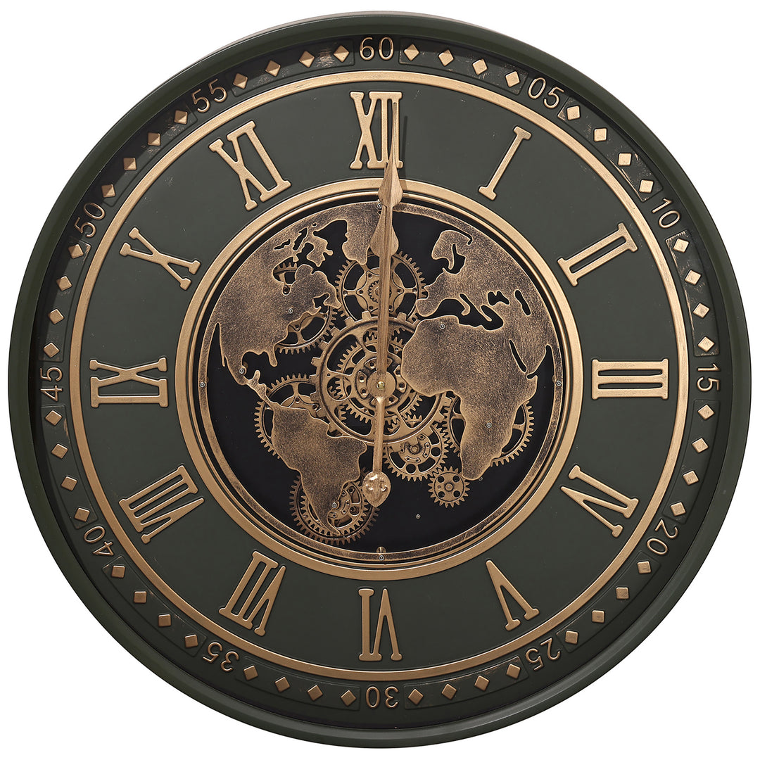 Chilli Decor Vasco Emerald Green Map Metal Moving Gears Wall Clock 60cm TQ-E249 1