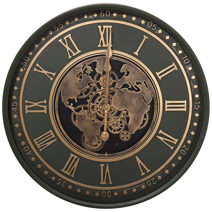 Chilli Decor Vasco Emerald Green Map Metal Moving Gears Wall Clock 60cm TQ-E249 1