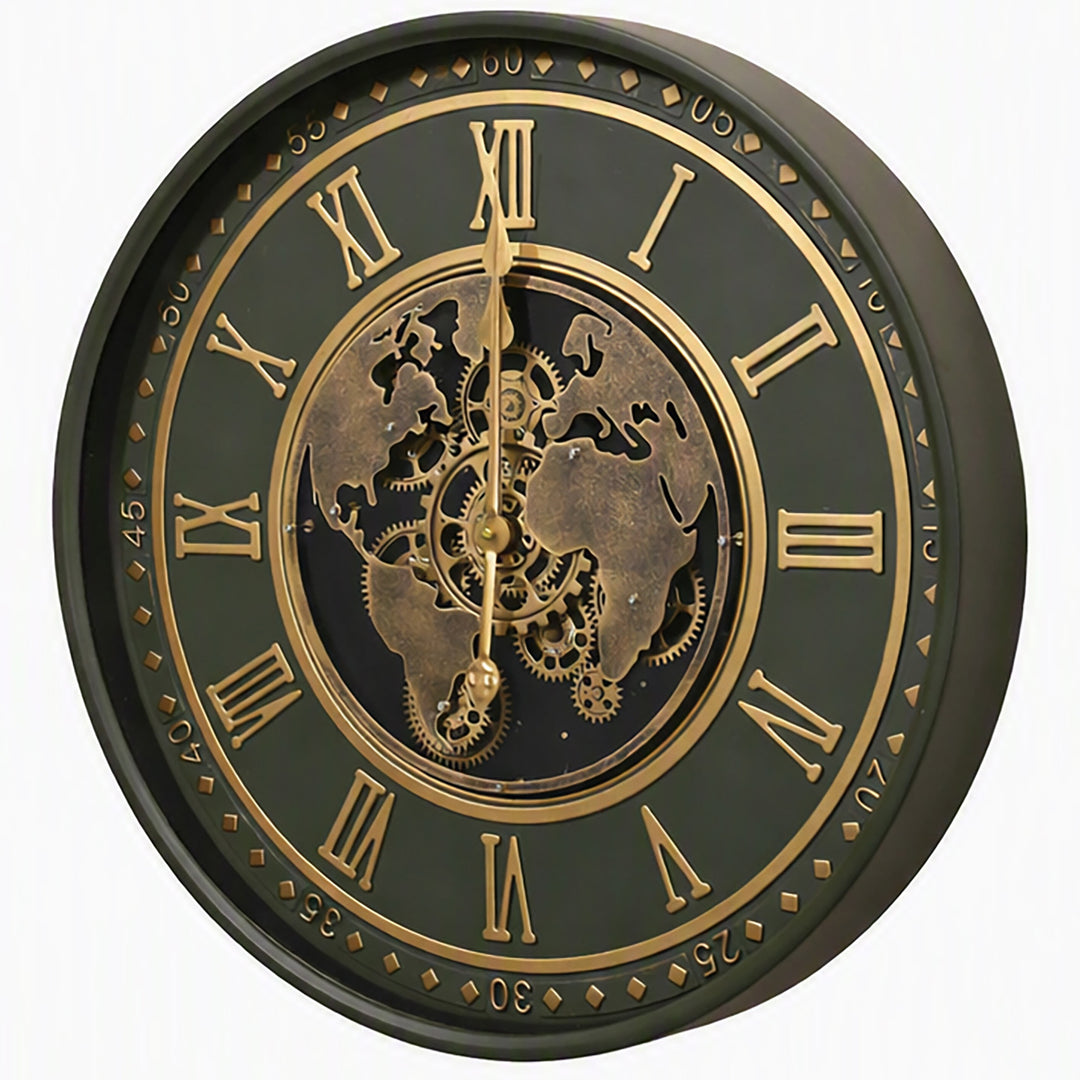 Chilli Decor Vasco Emerald Green Map Metal Moving Gears Wall Clock 60cm TQ-E249 2