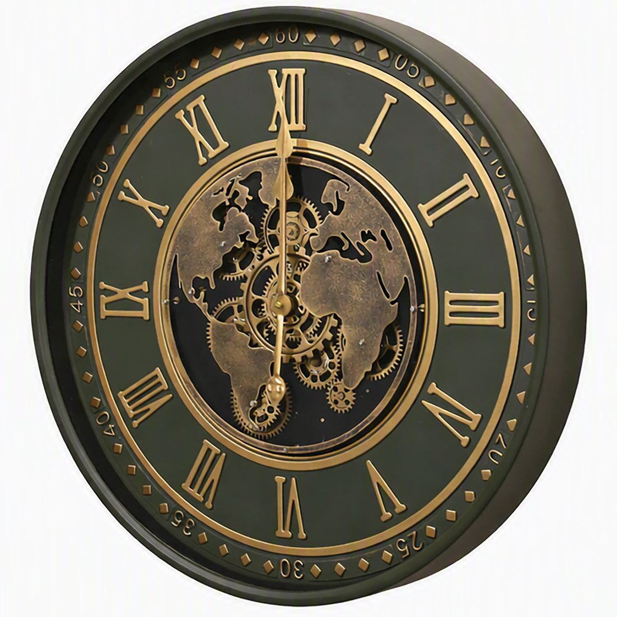 Chilli Decor Vasco Emerald Green Map Metal Moving Gears Wall Clock 60cm TQ-E249 2