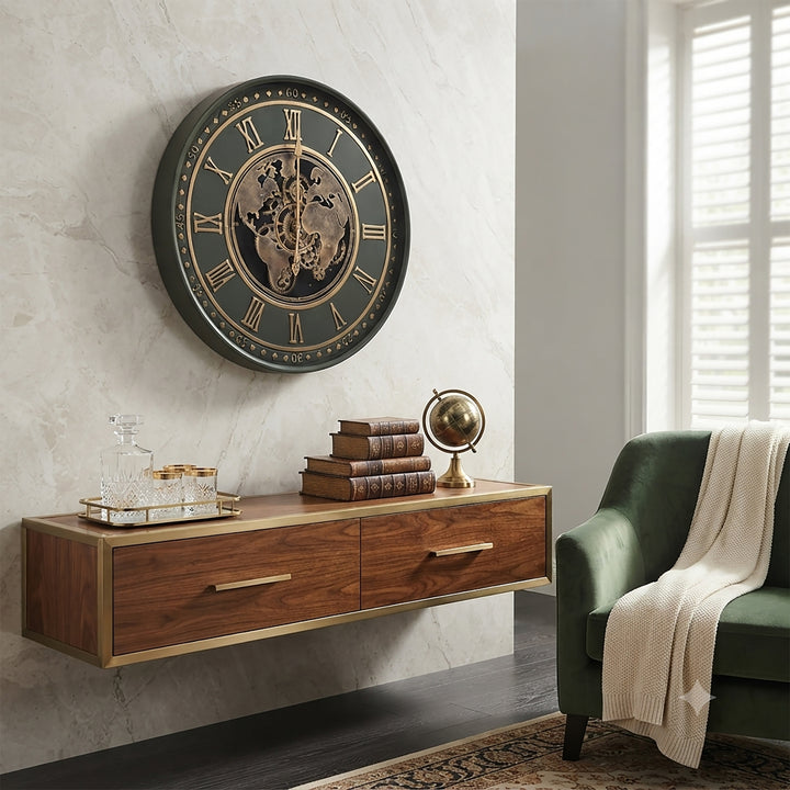 Chilli Decor Vasco Emerald Green Map Metal Moving Gears Wall Clock 60cm TQ-E249 3