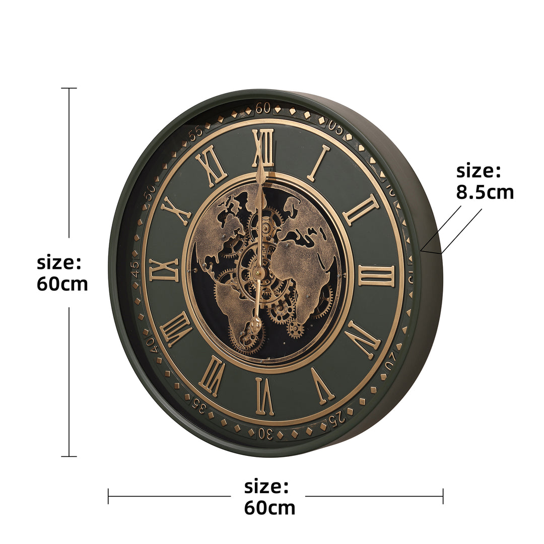 Chilli Decor Vasco Emerald Green Map Metal Moving Gears Wall Clock 60cm TQ-E249 5