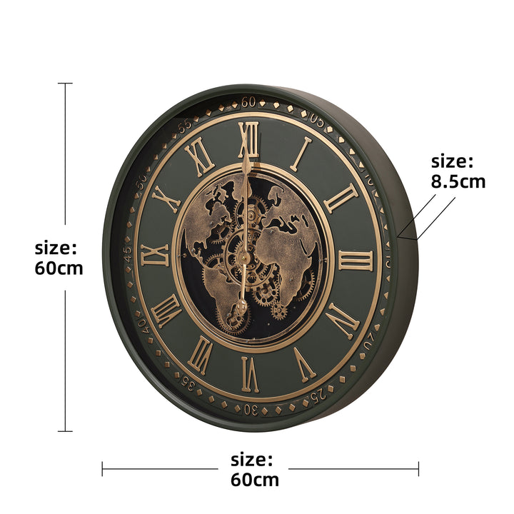 Chilli Decor Vasco Emerald Green Map Metal Moving Gears Wall Clock 60cm TQ-E249 5