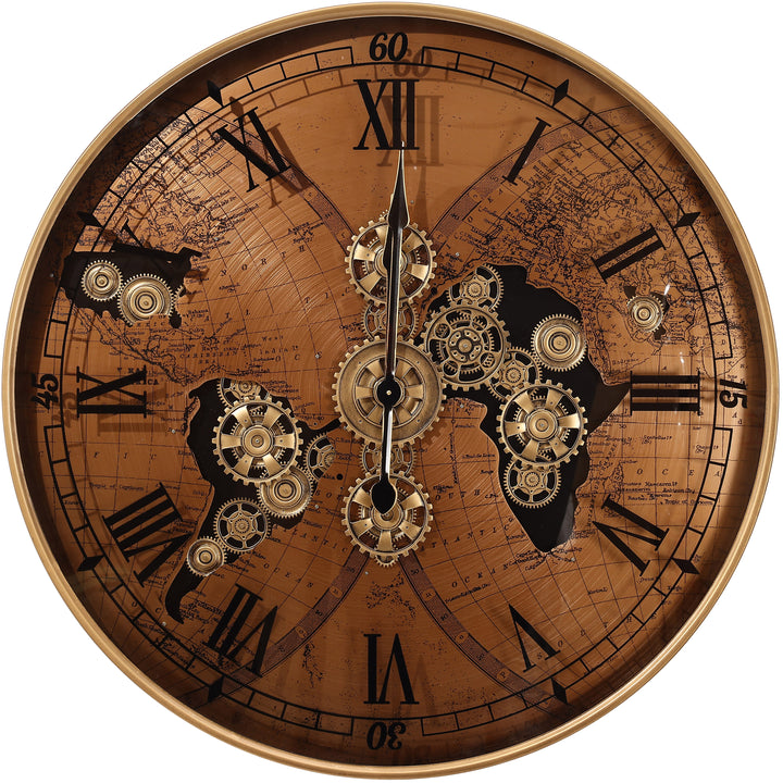 Chilli Decor Vasco Giant World Map Metal Moving Gears Wall Clock Copper 100cm TQ-E257 1