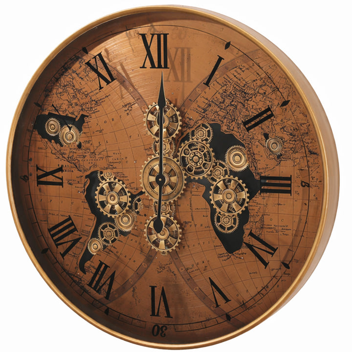 Chilli Decor Vasco Giant World Map Metal Moving Gears Wall Clock Copper 100cm TQ-E257 2