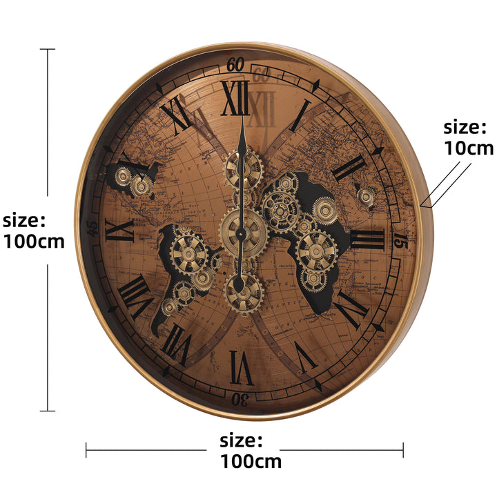 Chilli Decor Vasco Giant World Map Metal Moving Gears Wall Clock Copper 100cm TQ-E257 5