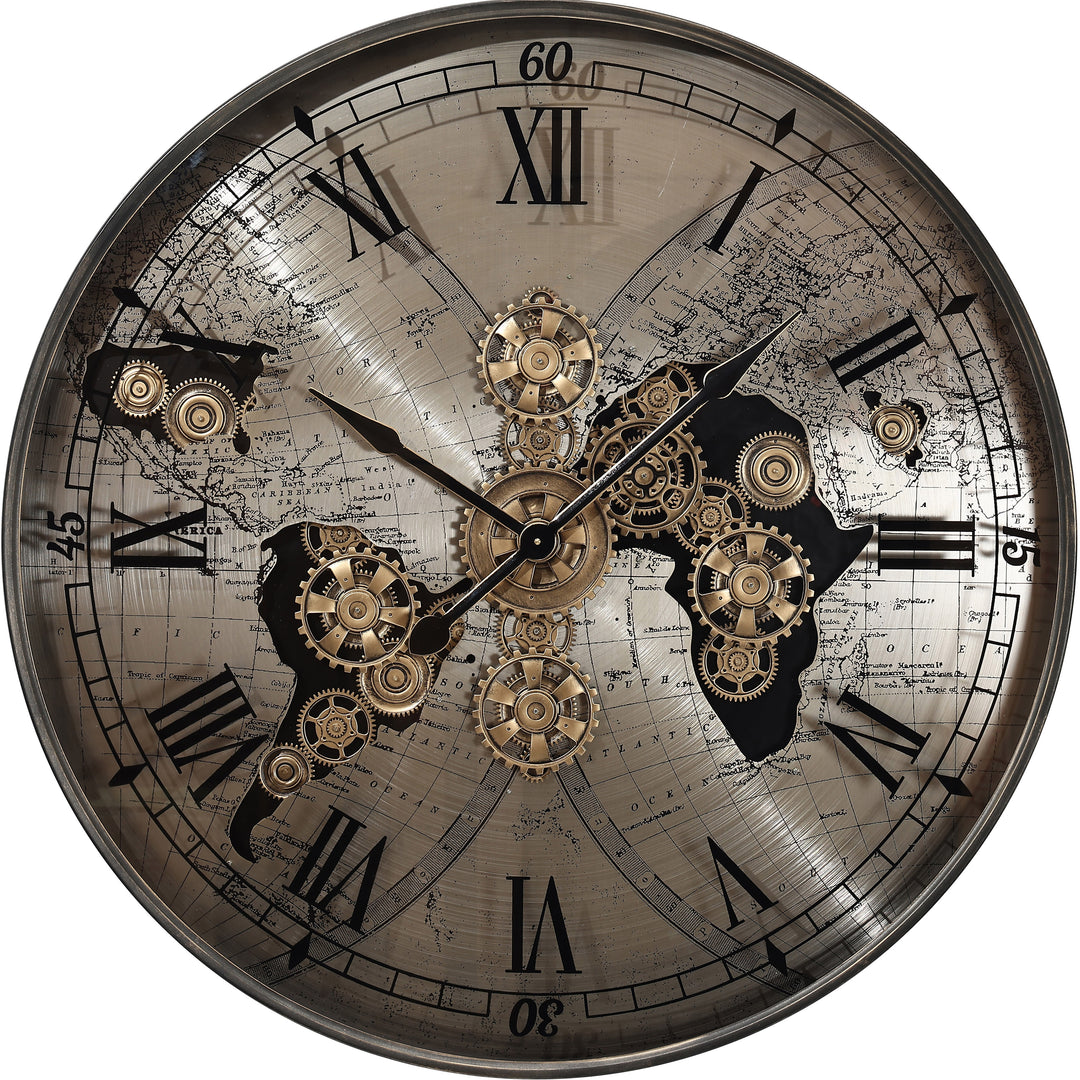 Chilli Decor Vasco Giant World Map Metal Moving Gears Wall Clock Silver 100cm TQ-E256 1