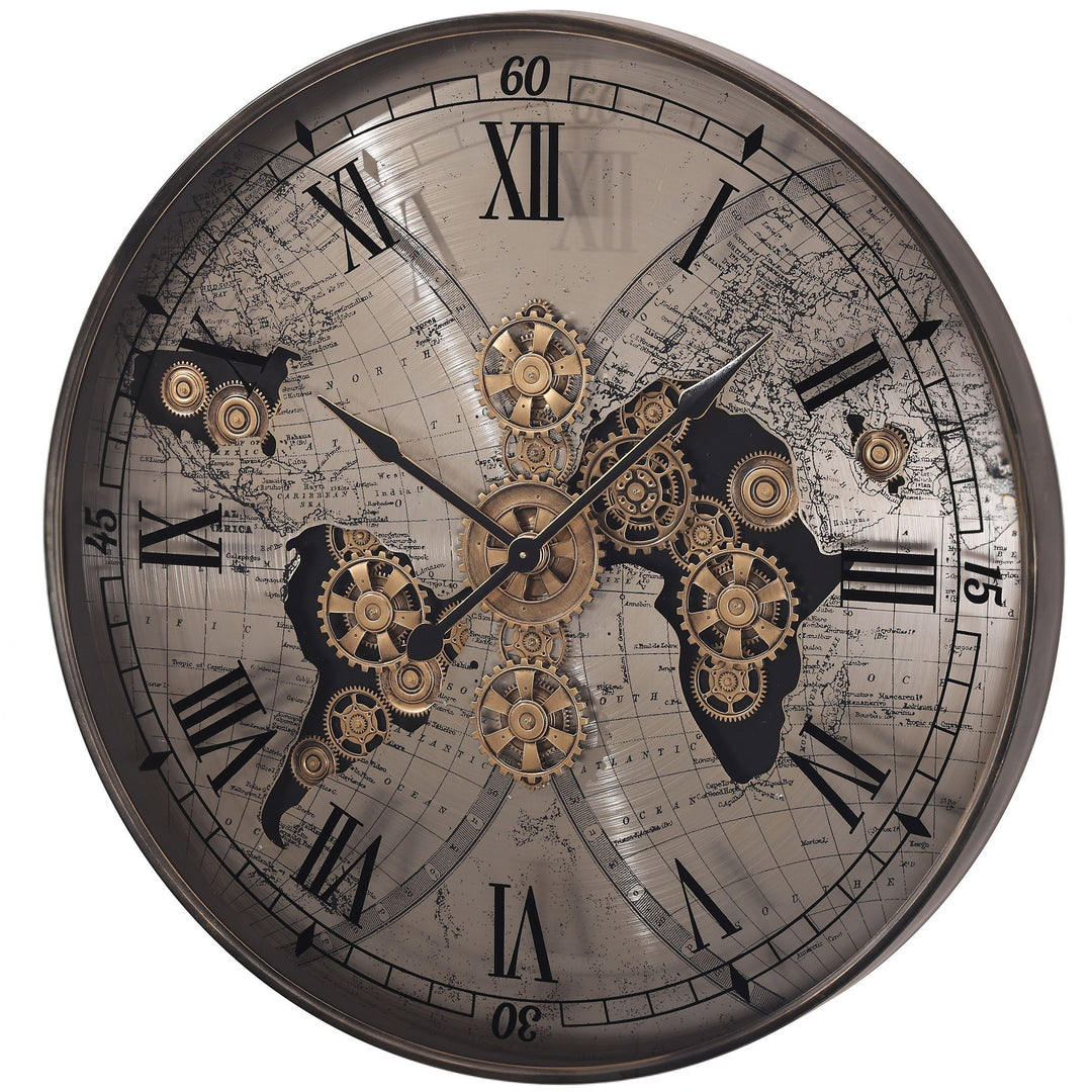 Chilli Decor Vasco Giant World Map Metal Moving Gears Wall Clock Silver 100cm TQ-E256 2