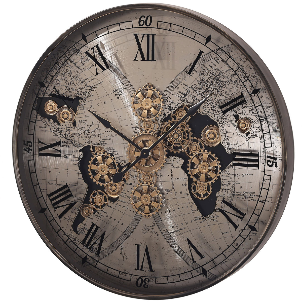 Chilli Decor Vasco Giant World Map Metal Moving Gears Wall Clock Silver 100cm TQ-E256 2