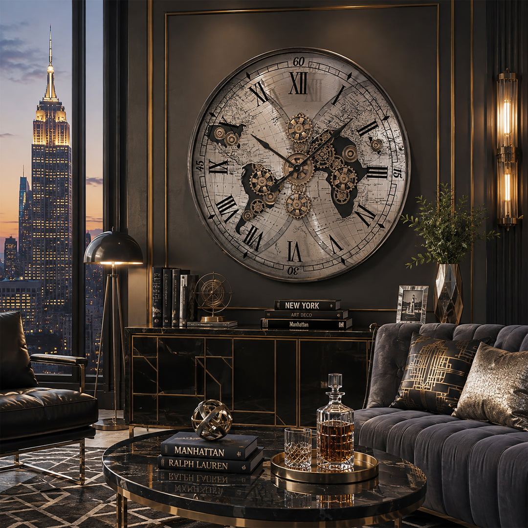 Chilli Decor Vasco Giant World Map Metal Moving Gears Wall Clock Silver 100cm TQ-E256 3