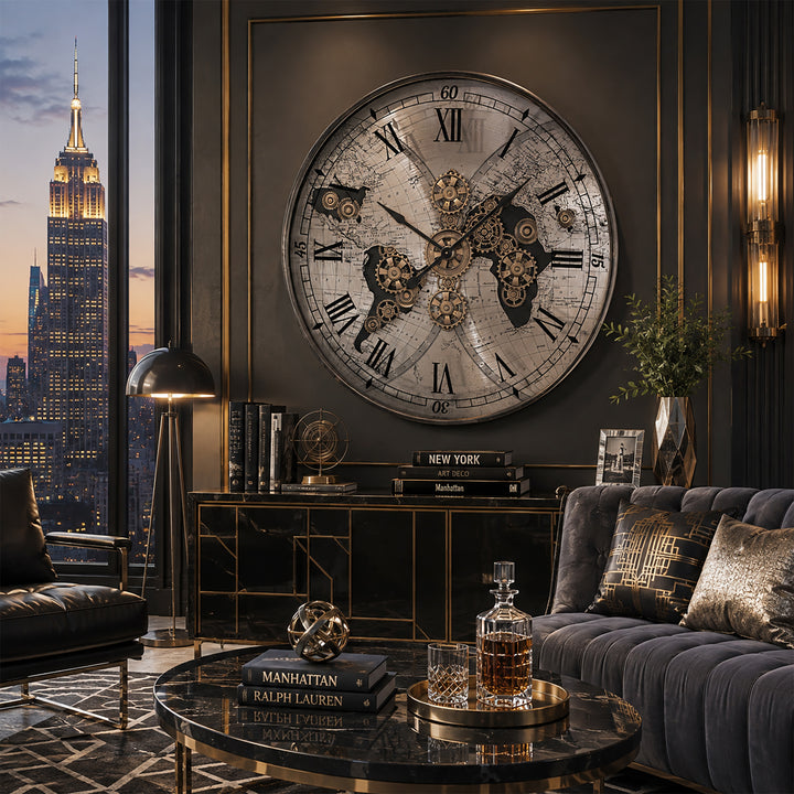 Chilli Decor Vasco Giant World Map Metal Moving Gears Wall Clock Silver 100cm TQ-E256 3