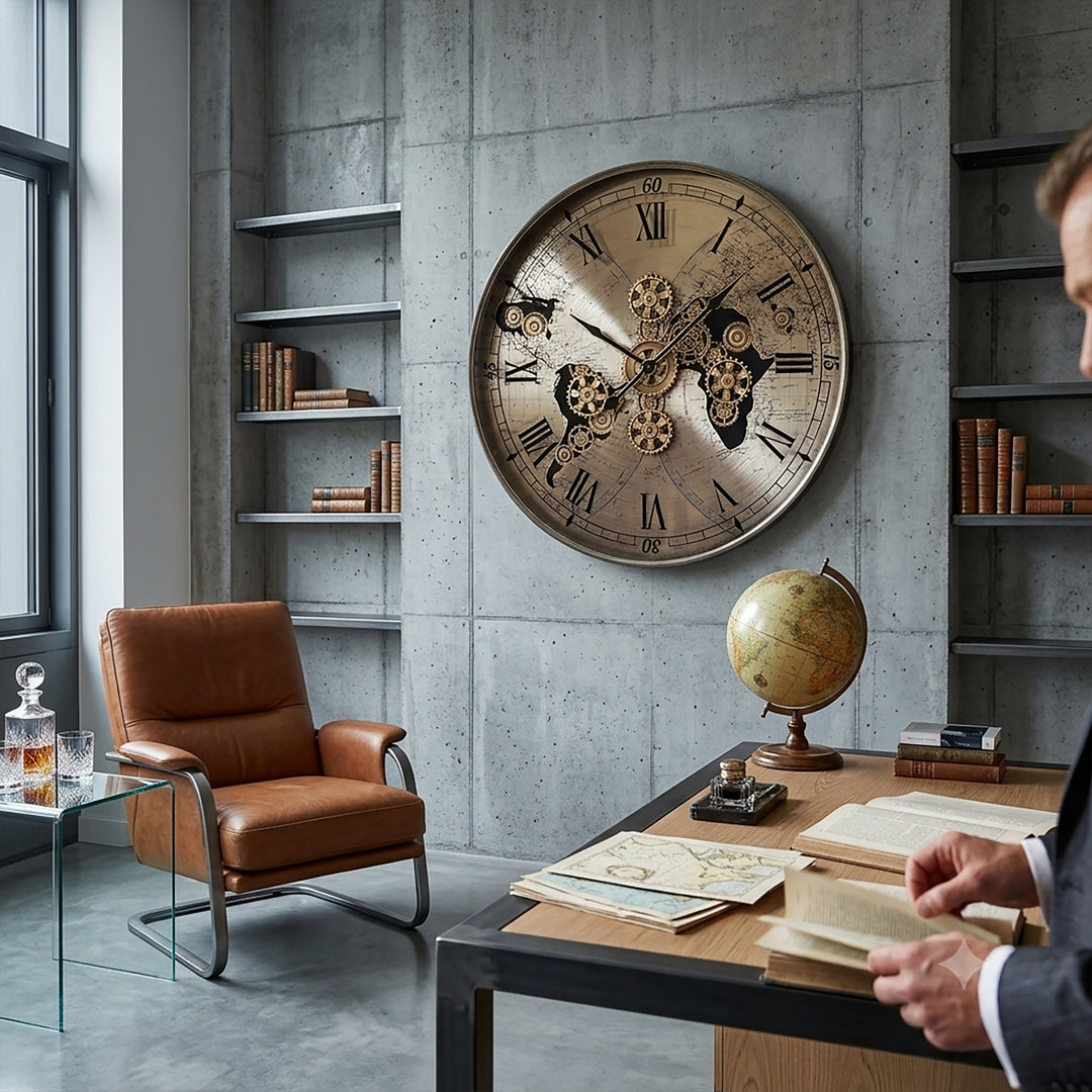 Chilli Decor Vasco Giant World Map Metal Moving Gears Wall Clock Silver 100cm TQ-E256 4