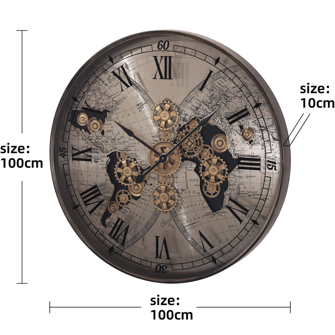 Chilli Decor Vasco Giant World Map Metal Moving Gears Wall Clock Silver 100cm TQ-E256 6