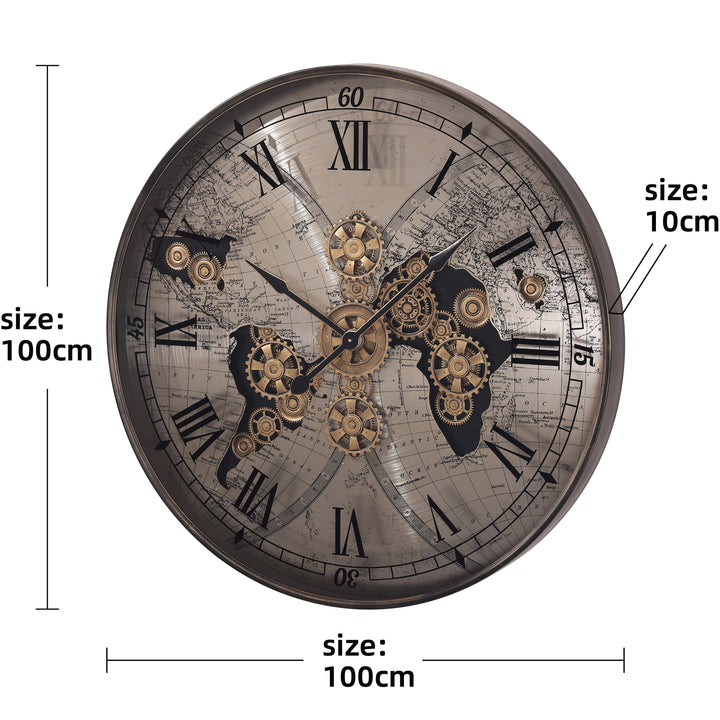 Chilli Decor Vasco Giant World Map Metal Moving Gears Wall Clock Silver 100cm TQ-E256 6