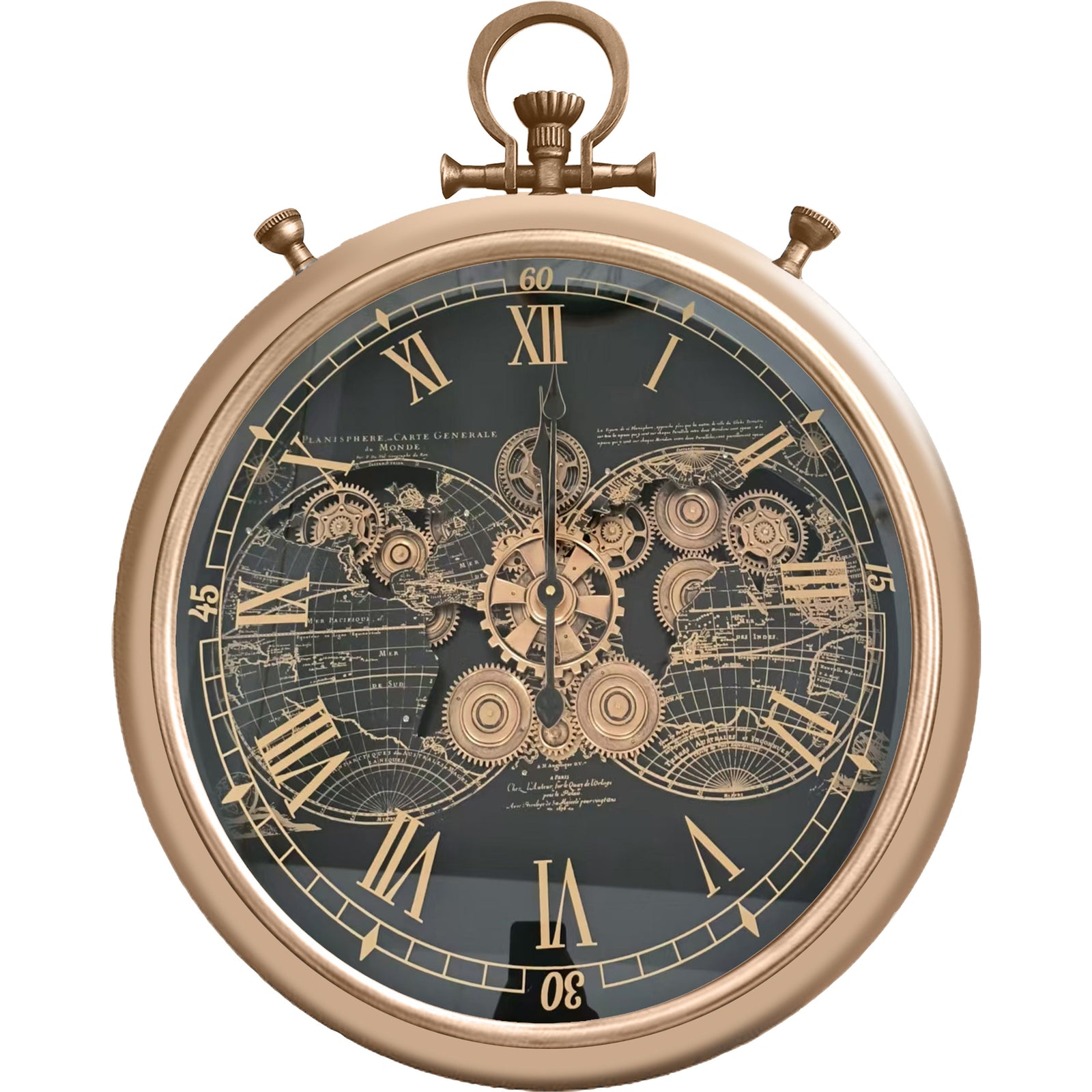 Chilli Decor Vasco Map FOB Stopwatch Gold Black Metal Moving Gears Wall Clock 62cm TQ-E154 1