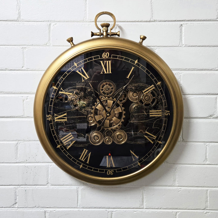 Chilli Decor Vasco Map FOB Stopwatch Gold Black Metal Moving Gears Wall Clock 62cm TQ-E154 4