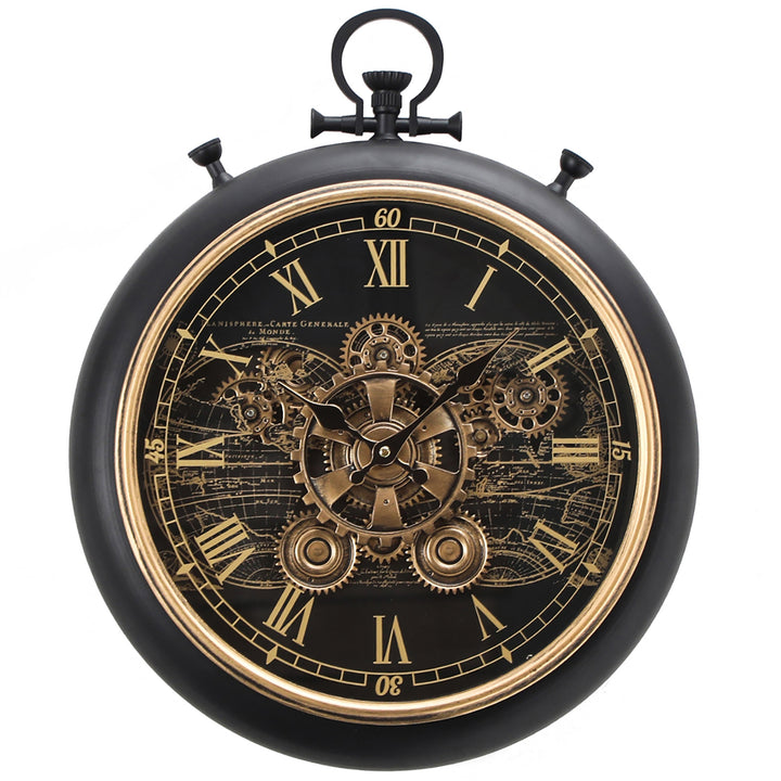 Chilli Decor Vasco Map FOB Stopwatch Moving Gears Wall Clock Black Wash 49cm TQ-E157 1