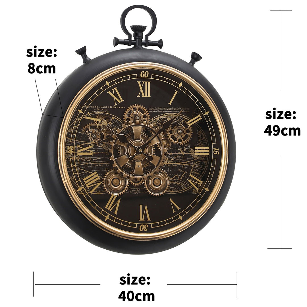 Chilli Decor Vasco Map FOB Stopwatch Moving Gears Wall Clock Black Wash 49cm TQ-E157 2