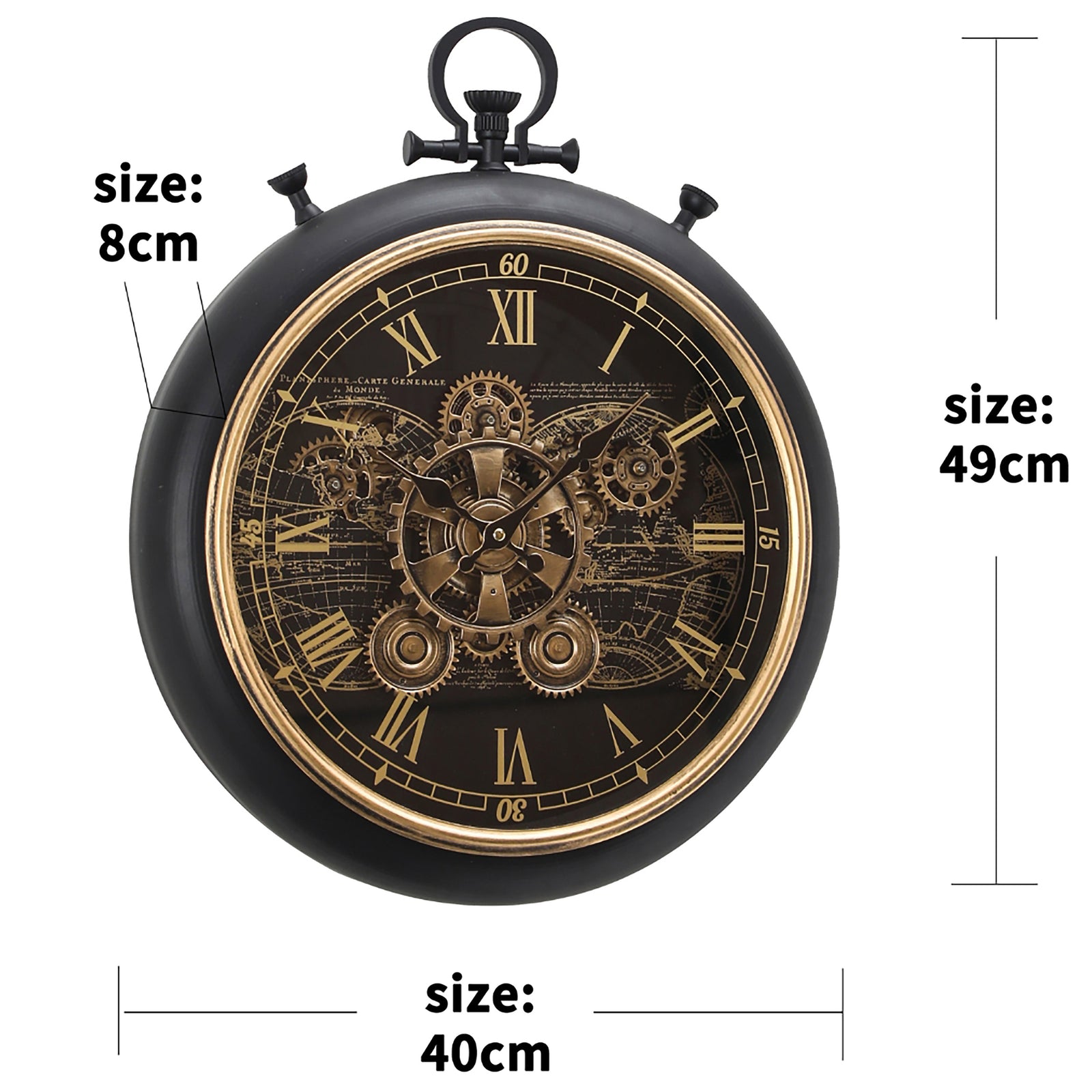 Chilli Decor Vasco Map FOB Stopwatch Moving Gears Wall Clock Black Wash 49cm TQ-E157 2