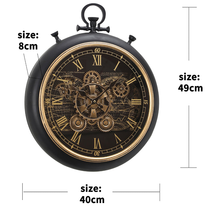 Chilli Decor Vasco Map FOB Stopwatch Moving Gears Wall Clock Black Wash 49cm TQ-E157 2