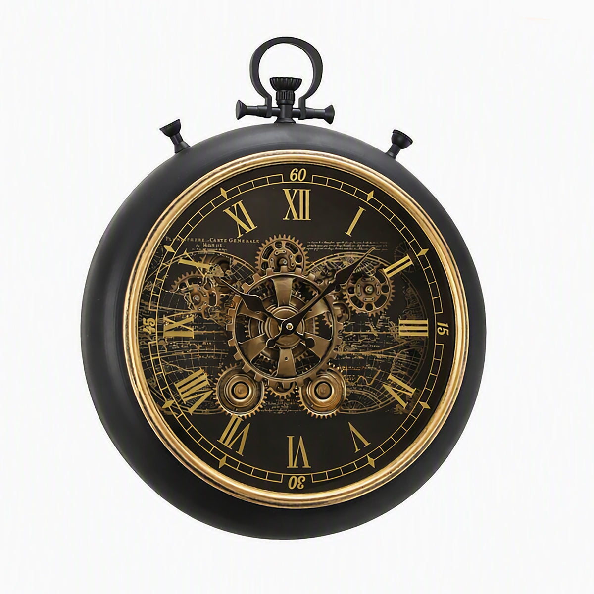 Chilli Decor Vasco Map FOB Stopwatch Moving Gears Wall Clock Black Wash 49cm TQ-E157 4