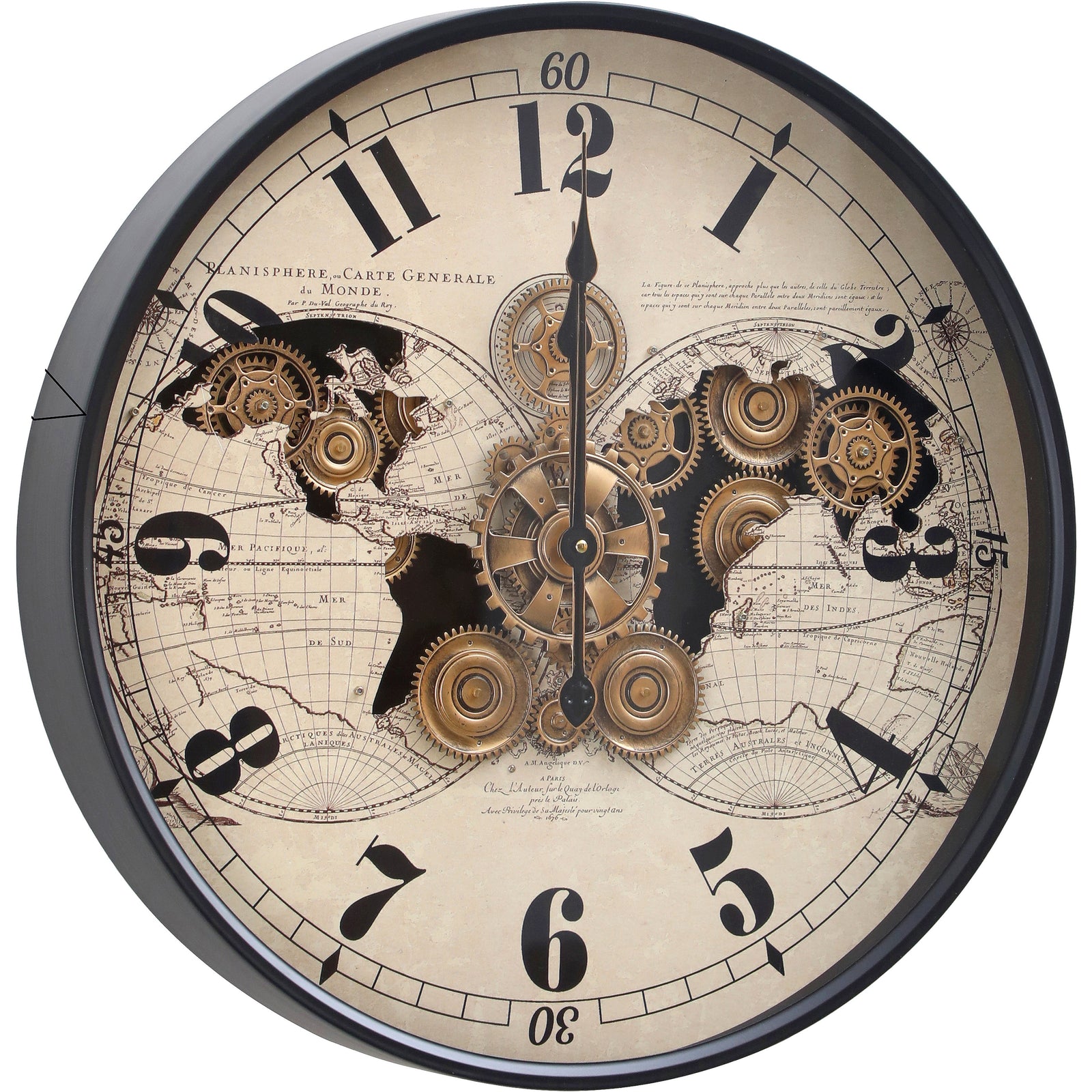 Chilli Decor Vasco Map Industrial Metal Moving Gears Wall Clock Black Beige 60cm TQ-E103 2
