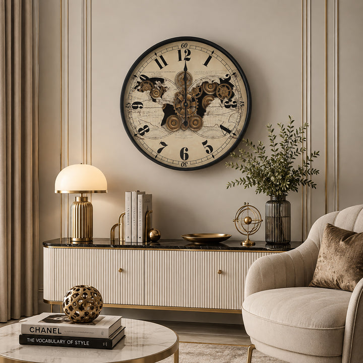 Chilli Decor Vasco Map Industrial Metal Moving Gears Wall Clock Black Beige 60cm TQ-E103 5