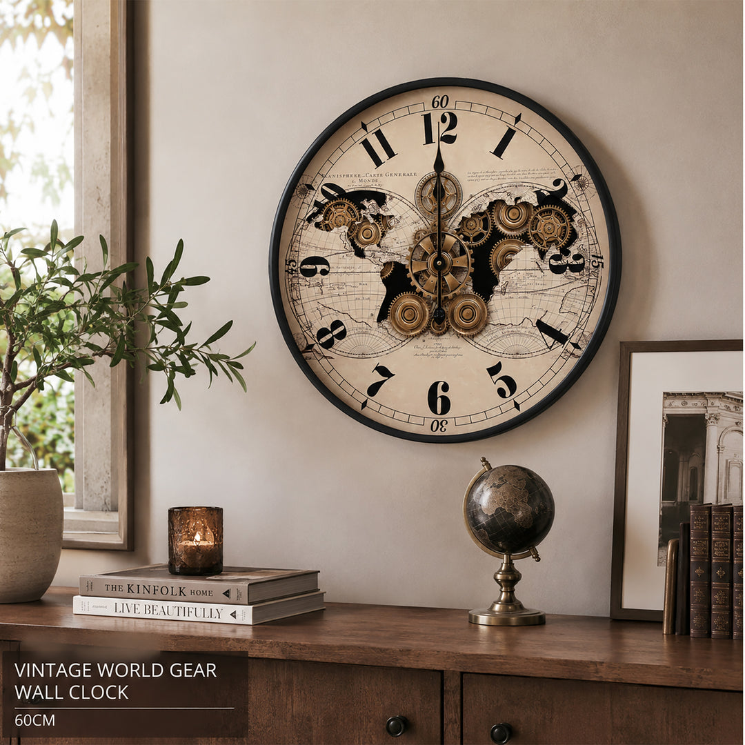 Chilli Decor Vasco Map Industrial Metal Moving Gears Wall Clock Black Beige 60cm TQ-E103 6