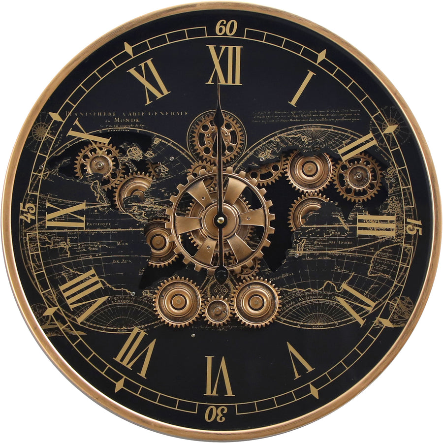 Chilli Decor Vasco Map Industrial Metal Moving Gears Wall Clock Black Gold 47cm TQ-E105 1