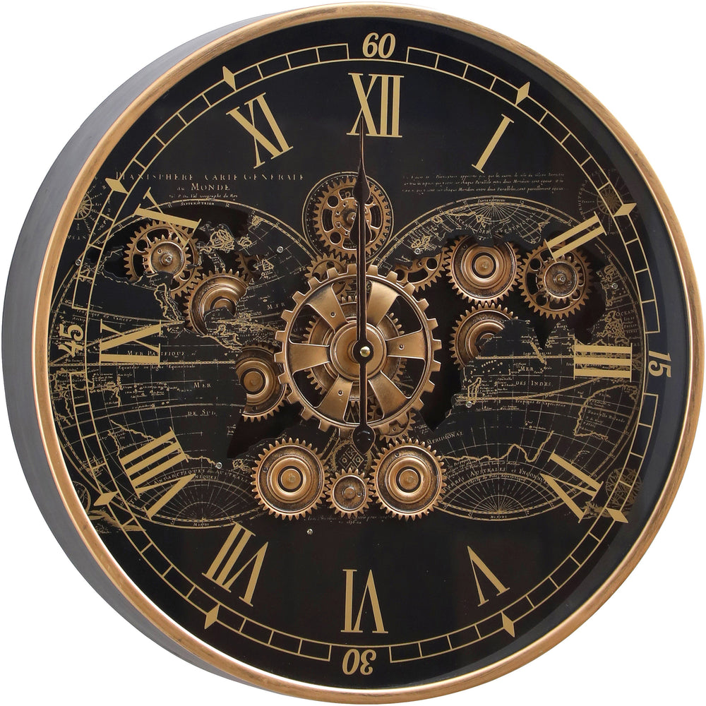 Chilli Decor Vasco Map Industrial Metal Moving Gears Wall Clock Black Gold 47cm TQ-E105 2