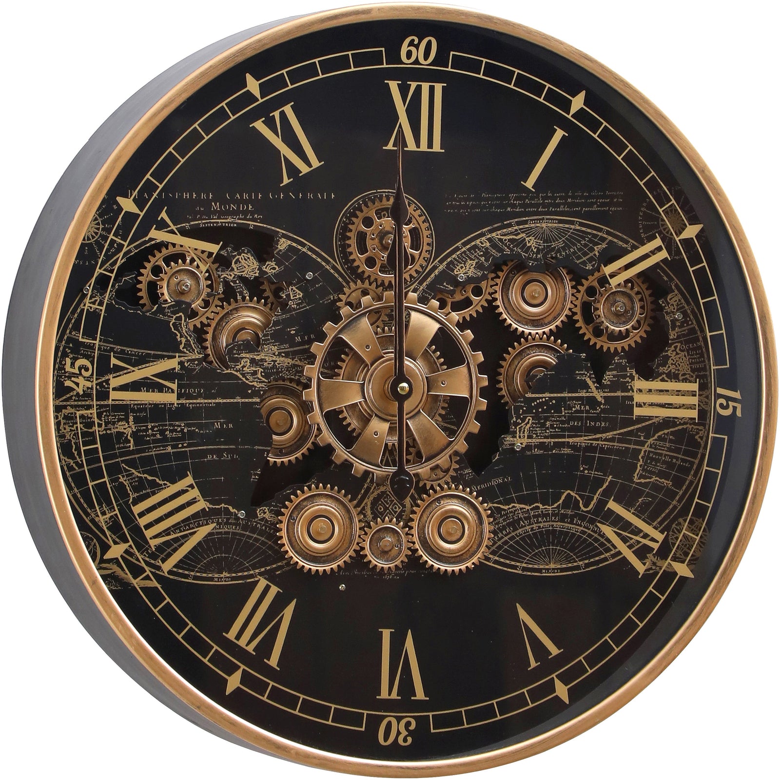 Chilli Decor Vasco Map Industrial Metal Moving Gears Wall Clock Black Gold 47cm TQ-E105 2