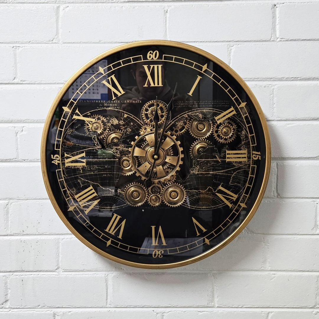 Chilli Decor Vasco Map Industrial Metal Moving Gears Wall Clock Black Gold 47cm TQ-E105 5