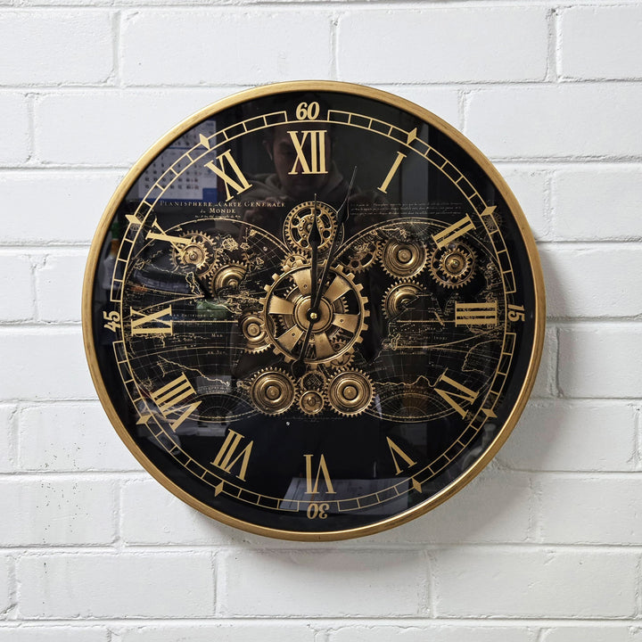 Chilli Decor Vasco Map Industrial Metal Moving Gears Wall Clock Black Gold 47cm TQ-E105 5